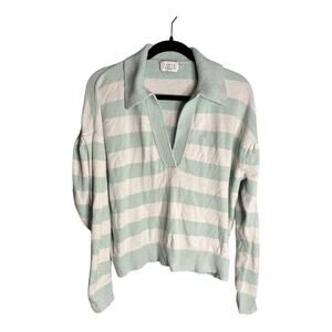 Tanya Taylor Green and White Striped Long Sleeve Sweater V Neck and Collar Sz M